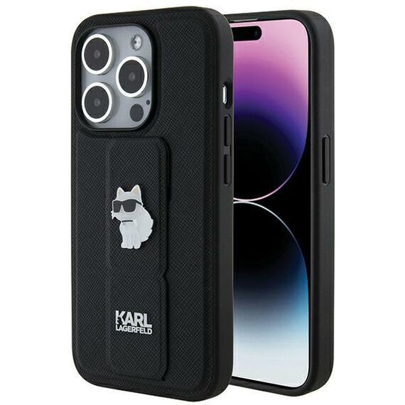 Karl Lagerfeld Gripstand Saffiano Choupette Pins case for iPhone 14 Pro Max - black | Techbox