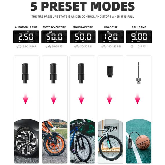Rockbros 42720001001 Electric Bike Pump with LED Display + USB-C - USB-A Cable - Black | Techbox