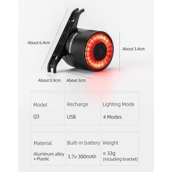Rockbros Q3 rear bicycle lamp with intelligent stop system - black - Bicycle - Sports & Fitness - Techbox