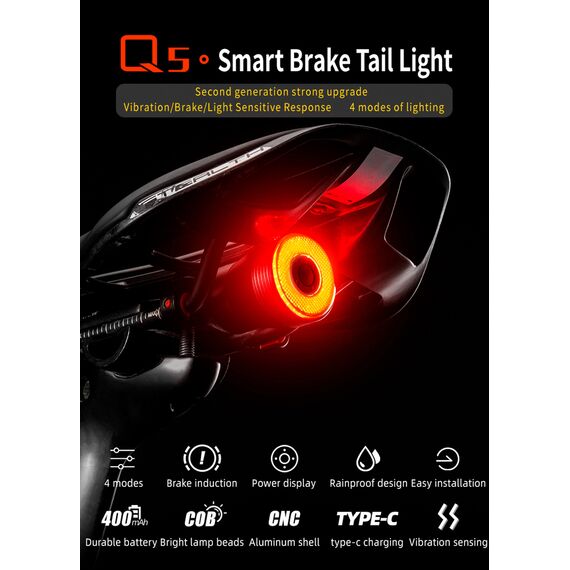 Rockbros Q5 Rear Bike Light with Intelligent Stop System - Black - Bicycle - Sports & Fitness - Techbox