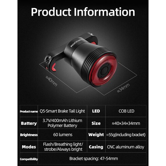 Rockbros Q5 Rear Bike Light with Intelligent Stop System - Black - Bicycle - Sports & Fitness - Techbox