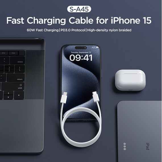 Joyroom Ben Series S-A45 USB-C / USB-C 60W Cable 1m - White - Cables & Adapters - Cables & Accessories - Techbox
