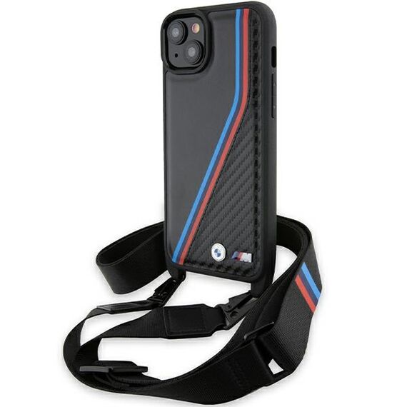 BMW M Edition Carbon Tricolor Lines &amp; Strap case for iPhone 15 / 14 / 13 - black | Techbox