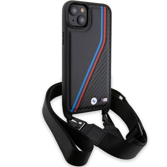 BMW M Edition Carbon Tricolor Lines &amp; Strap case for iPhone 15 / 14 / 13 - black | Techbox