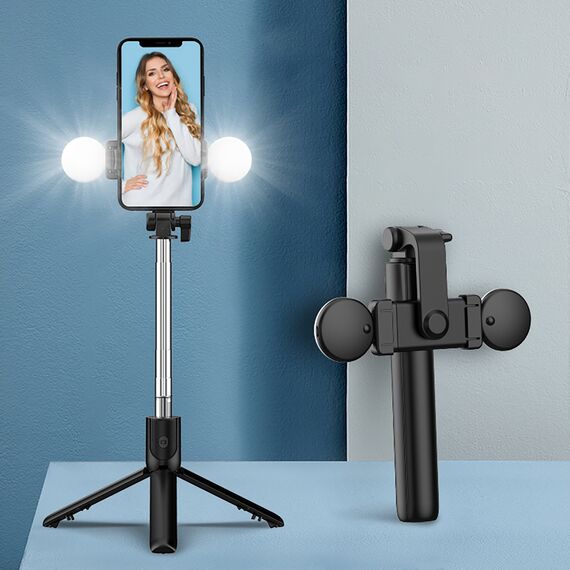 Selfie stick WR1YXS telescopic tripod 0.71m with round lamp - black | Techbox