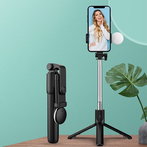 Selfie stick WR1YXS telescopic tripod 0.71m with round lamp - black | Techbox