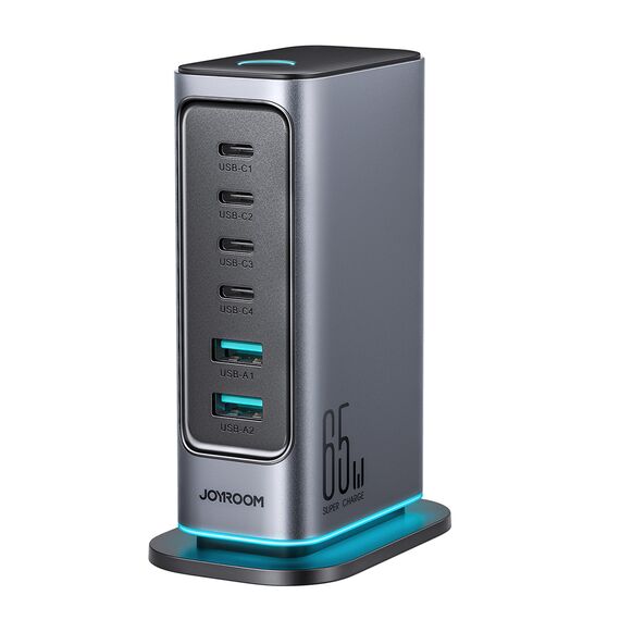 Joyroom JR-TCM02 Multiport GaN Charger 65W EU 4x USB-C 2x USB-A - Dark Gray | Techbox