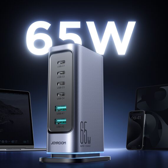 Joyroom JR-TCM02 Multiport GaN Charger 65W EU 4x USB-C 2x USB-A - Dark Gray | Techbox