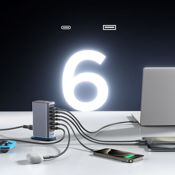 Joyroom JR-TCM02 Multiport GaN Charger 65W EU 4x USB-C 2x USB-A - Dark Gray | Techbox