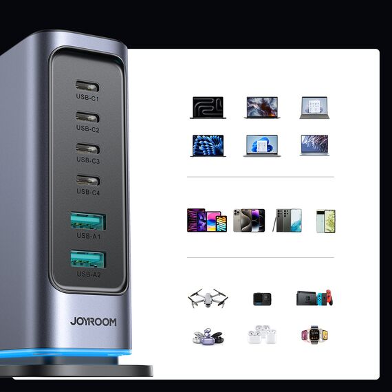 Joyroom JR-TCM02 Multiport GaN Charger 65W EU 4x USB-C 2x USB-A - Dark Gray | Techbox