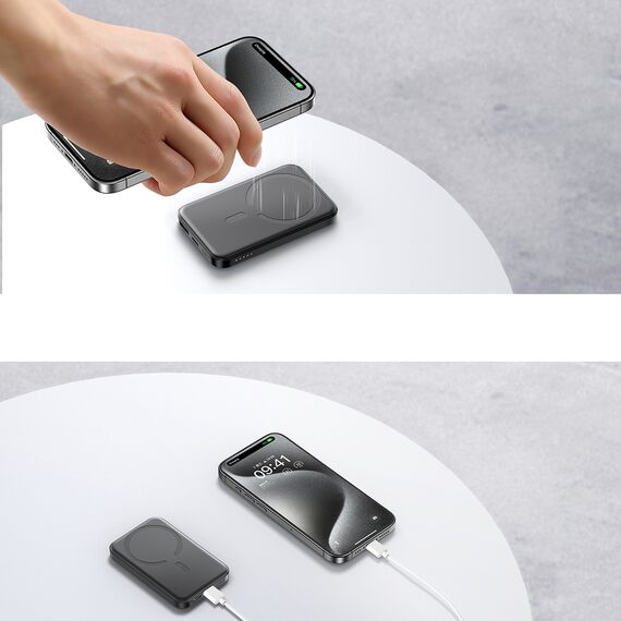 Powerbank Joyroom JR-W020 Mini 5000mAh USB-A USB-C inductive 20W - black + USB-C / USB-C cable | Techbox