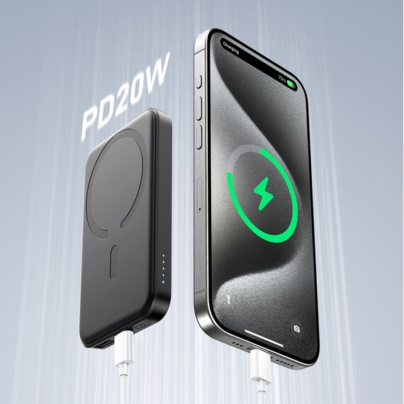 Powerbank Joyroom JR-W020 Mini 5000mAh USB-A USB-C inductive 20W - black + USB-C / USB-C cable | Techbox