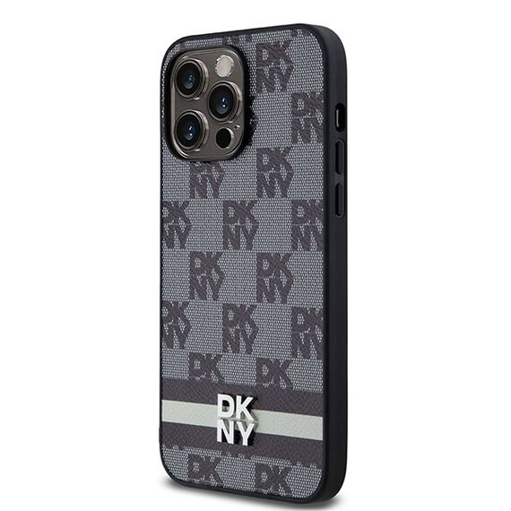 DKNY Leather Checkered Mono Pattern &amp; Printed Stripes Case for iPhone 14 Pro Max - Black | Techbox