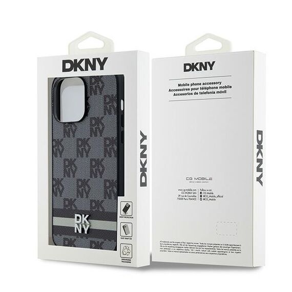 DKNY Leather Checkered Mono Pattern &amp; Printed Stripes Case for iPhone 14 Pro Max - Black | Techbox