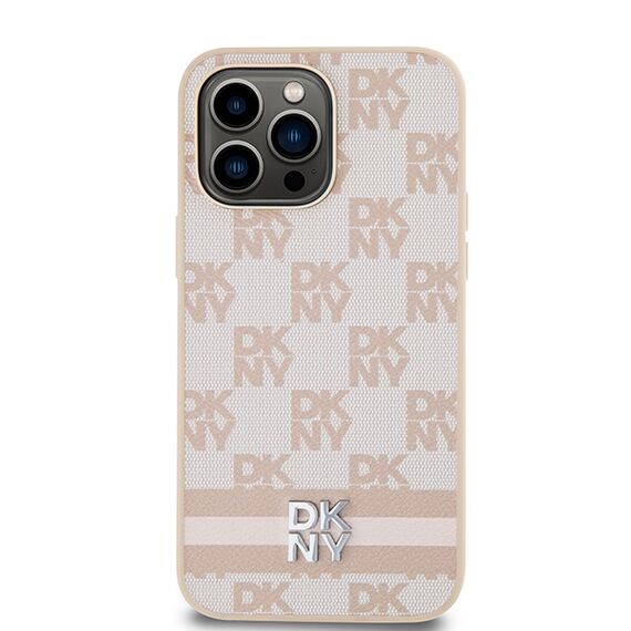 DKNY Leather Checkered Mono Pattern &amp; Printed Stripes case for iPhone 14 Pro Max - pink