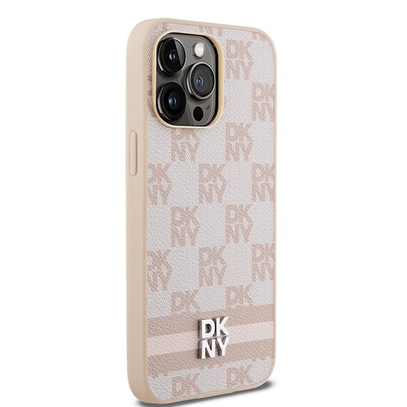 DKNY Leather Checkered Mono Pattern &amp; Printed Stripes case for iPhone 14 Pro Max - pink