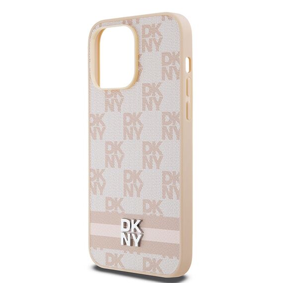 DKNY Leather Checkered Mono Pattern &amp; Printed Stripes case for iPhone 14 Pro Max - pink