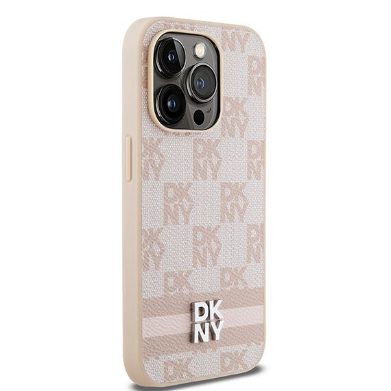 DKNY Leather Checkered Mono Pattern &amp; Printed Stripes case for iPhone 14 Pro - pink | Techbox