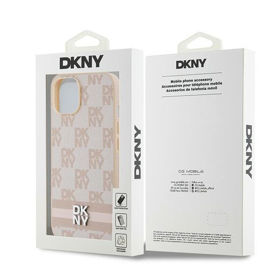DKNY Leather Checkered Mono Pattern &amp; Printed Stripes case for iPhone 15 / 14 / 13 - pink | Techbox