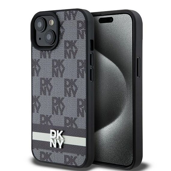 DKNY Leather Checkered Mono Pattern &amp; Printed Stripes Case for iPhone 15 Plus / 14 Plus - Black - Apple Cases - Cases - Techbox