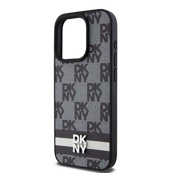 DKNY Leather Checkered Mono Pattern &amp; Printed Stripes Case for iPhone 15 Pro Max - Black
