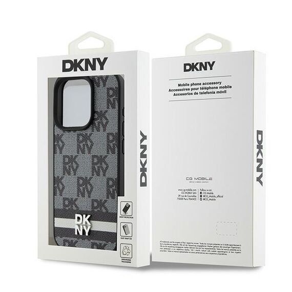 DKNY Leather Checkered Mono Pattern &amp; Printed Stripes Case for iPhone 15 Pro Max - Black