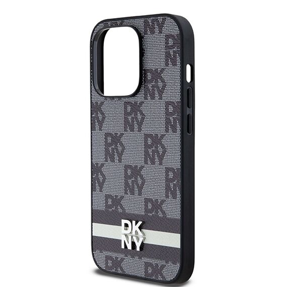 DKNY Leather Checkered Mono Pattern &amp; Printed Stripes iPhone 14 Pro Case - Black | Techbox