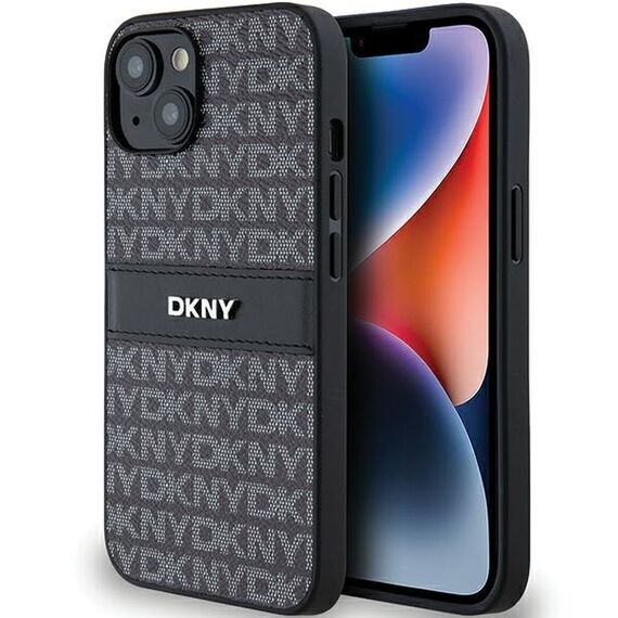 DKNY Leather Mono Stripe &amp; Metal Logo Case for iPhone 15/14/13 - Black | Techbox