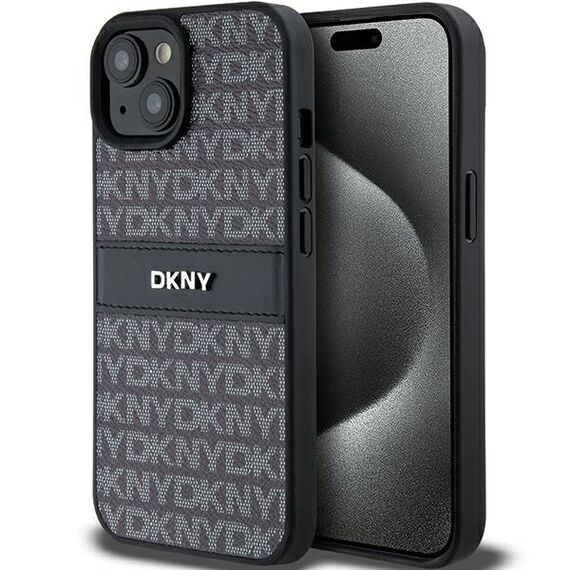 DKNY Leather Mono Stripe &amp; Metal Logo Case for iPhone 15/14/13 - Black | Techbox
