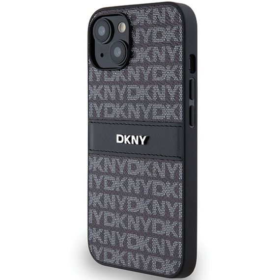 DKNY Leather Mono Stripe &amp; Metal Logo Case for iPhone 15/14/13 - Black | Techbox