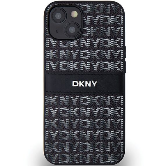 DKNY Leather Mono Stripe &amp; Metal Logo Case for iPhone 15/14/13 - Black | Techbox