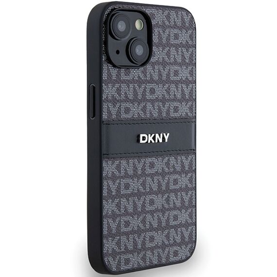 DKNY Leather Mono Stripe &amp; Metal Logo Case for iPhone 15/14/13 - Black | Techbox