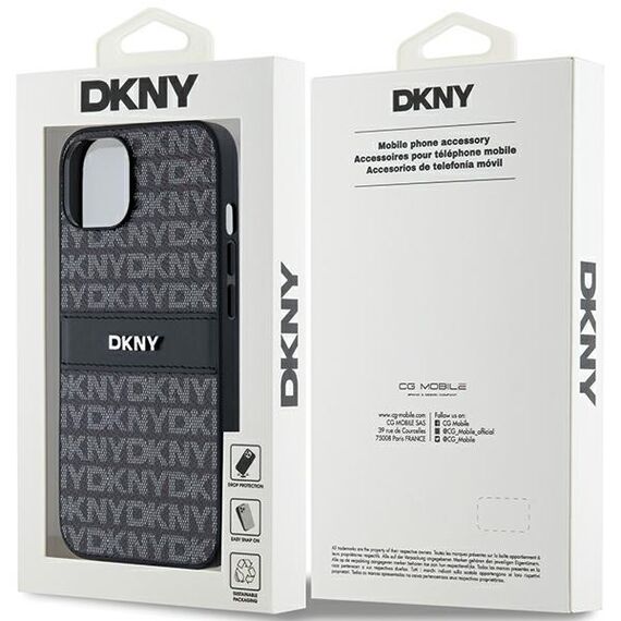 DKNY Leather Mono Stripe &amp; Metal Logo Case for iPhone 15/14/13 - Black | Techbox