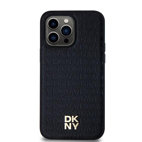 DKNY Leather Monogram Pattern Metal Logo MagSafe Case for iPhone 14 Pro Max - Black | Techbox