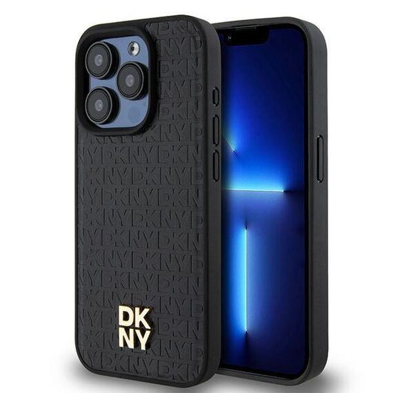DKNY Leather Monogram Pattern Metal Logo MagSafe Case for iPhone 15 Pro - Black | Techbox