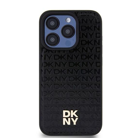 DKNY Leather Monogram Pattern Metal Logo MagSafe Case for iPhone 15 Pro - Black | Techbox