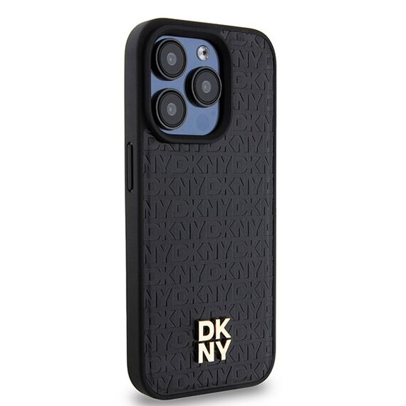 DKNY Leather Monogram Pattern Metal Logo MagSafe Case for iPhone 15 Pro - Black | Techbox