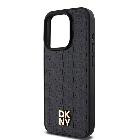DKNY Leather Monogram Pattern Metal Logo MagSafe Case for iPhone 15 Pro - Black | Techbox
