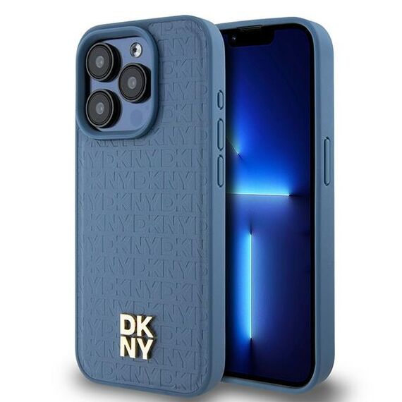 DKNY Leather Monogram Pattern Metal Logo MagSafe Case for iPhone 15 Pro - Blue | Techbox