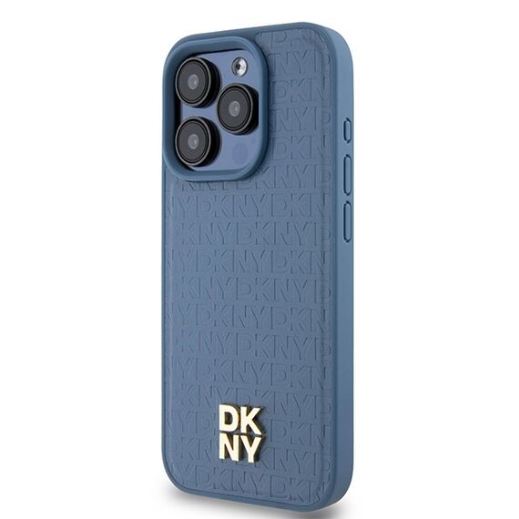 DKNY Leather Monogram Pattern Metal Logo MagSafe Case for iPhone 15 Pro - Blue | Techbox