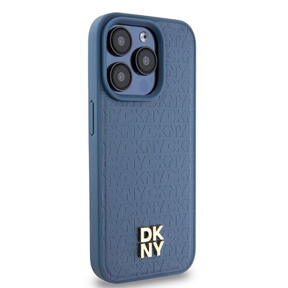 DKNY Leather Monogram Pattern Metal Logo MagSafe Case for iPhone 15 Pro - Blue | Techbox