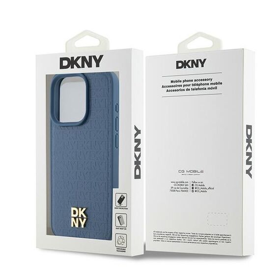 DKNY Leather Monogram Pattern Metal Logo MagSafe Case for iPhone 15 Pro - Blue | Techbox