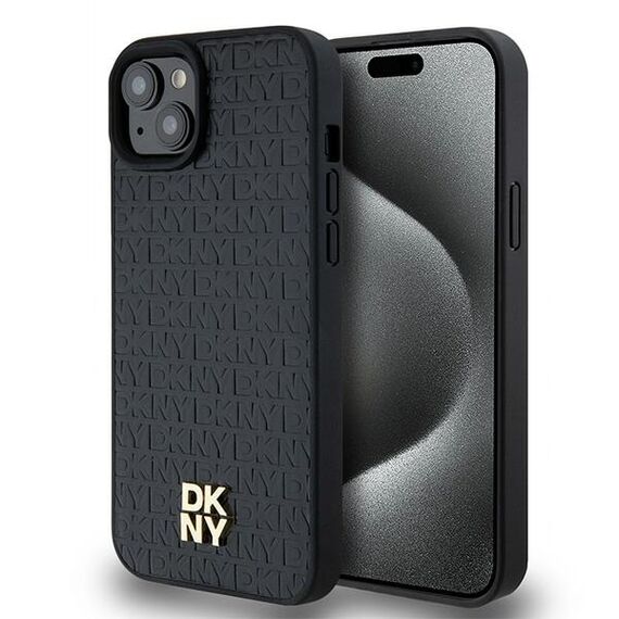 DKNY Leather Pattern Metal Logo MagSafe Case for iPhone 15/14/13 - Black | Techbox