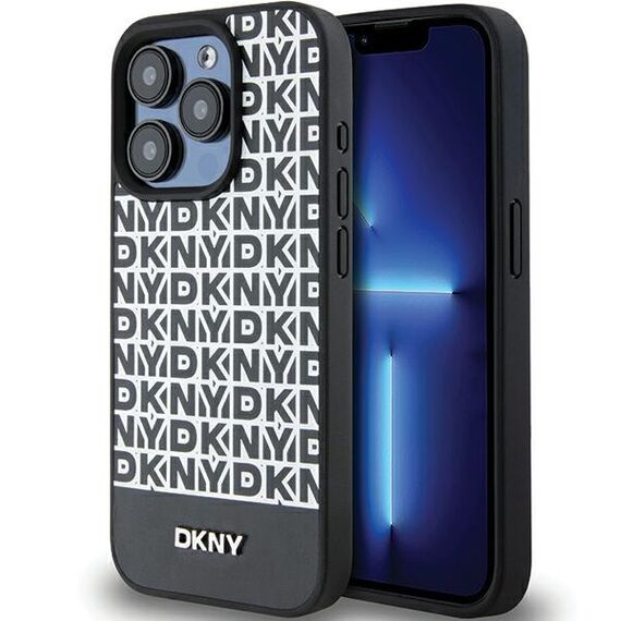 DKNY Leather Printed Pattern Metal Logo MagSafe Case for iPhone 15 Pro - Black | Techbox