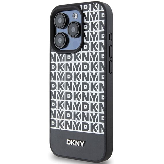DKNY Leather Printed Pattern Metal Logo MagSafe Case for iPhone 15 Pro - Black | Techbox