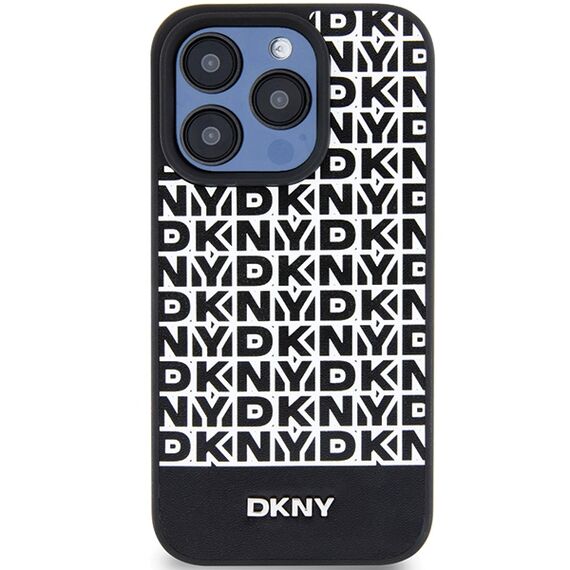 DKNY Leather Printed Pattern Metal Logo MagSafe Case for iPhone 15 Pro - Black | Techbox