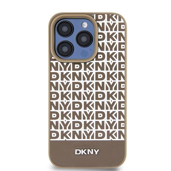 DKNY Leather Printed Pattern Metal Logo MagSafe Case for iPhone 15 Pro - Brown | Techbox