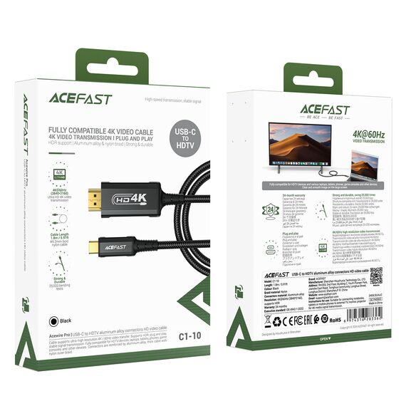 Acefast C1 USB-C/HDMI Video Cable 4K 60Hz HDR 1.8m - Black | Techbox