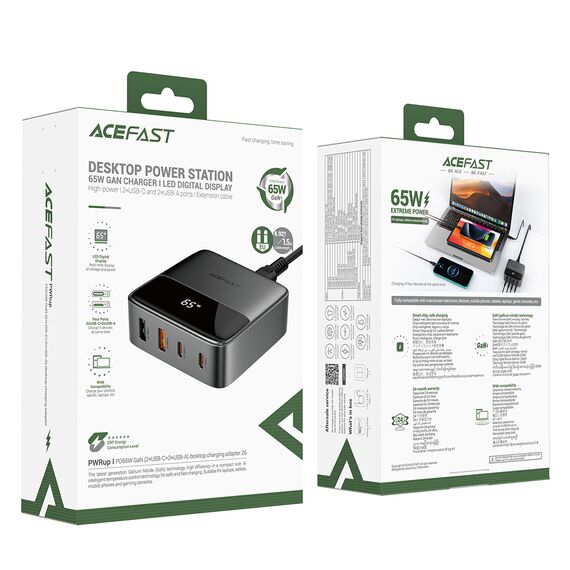 Acefast Z6 Charger Network GaN Desktop 2x USB-A / 2x USB-C PD 65W - Black - Travel Chargers - Smartphone Chargers - Techbox