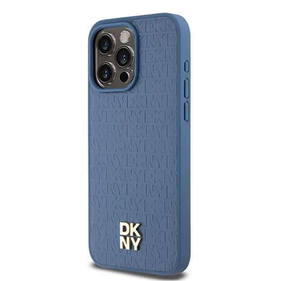 DKNY Leather Monogram Pattern Metal Logo MagSafe Case for iPhone 15 Pro Max - Blue | Techbox